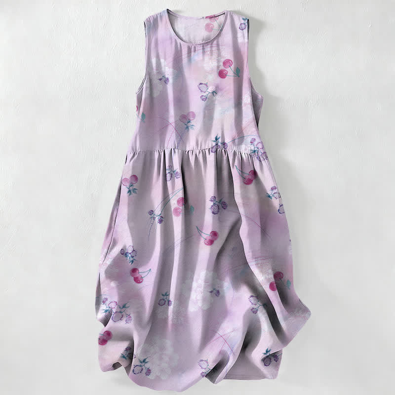 Buddha Stones Robe midi d'été décontractée pour femme, à motif floral cerise douce, sans manches et avec poches - Chardon - US16，UK/AU20，EU48 (3XL) - image 4