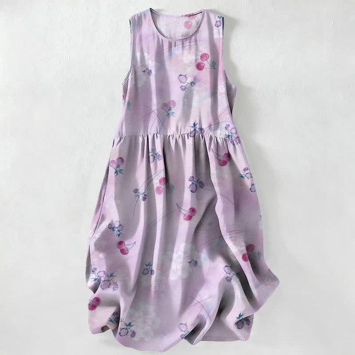 Buddha Stones Robe midi d'été décontractée pour femme, à motif floral cerise douce, sans manches et avec poches - Chardon - US16，UK/AU20，EU48 (3XL) - image 4