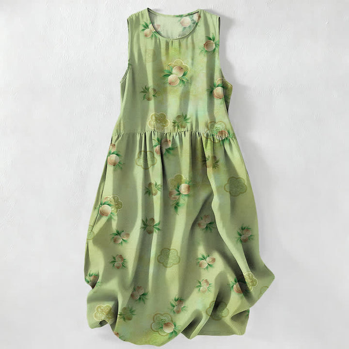 Buddha Stones Robe midi d'été décontractée rose à motif floral et feuilles, sans manches, avec poches. - JauneVert - US16，UK/AU20，EU48 (3XL) - image 0