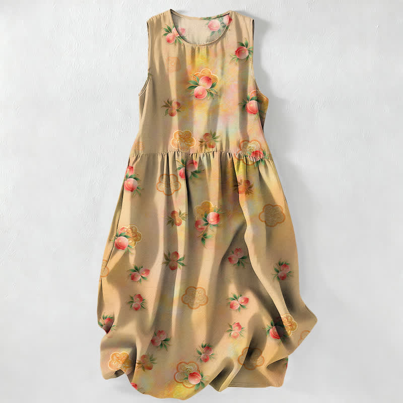 Buddha Stones Robe midi d'été décontractée rose à motif floral et feuilles, sans manches, avec poches. - verge d'or - US16，UK/AU20，EU48 (3XL) - image 5