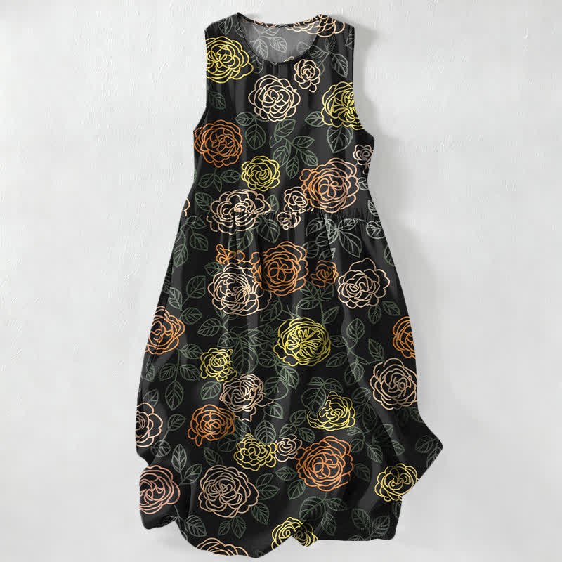 Buddha Stones Robe midi d'été décontractée pour femme, sans manches, à motif floral coloré et poches - Noir - US16，UK/AU20，EU48 (3XL) - image 0