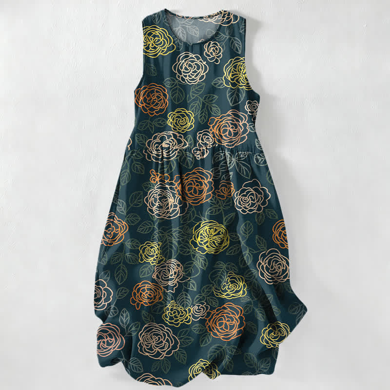 Buddha Stones Robe midi d'été décontractée pour femme, sans manches, à motif floral coloré et poches - Gris ardoise foncé - US16，UK/AU20，EU48 (3XL) - image 4