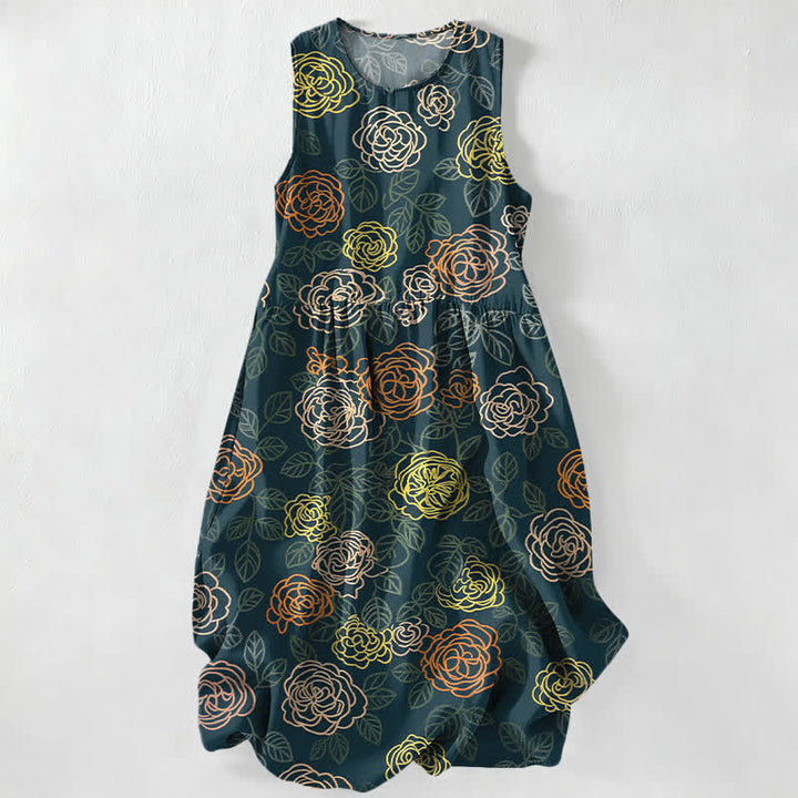 Buddha Stones Robe midi d'été décontractée pour femme, sans manches, à motif floral coloré et poches - Gris ardoise foncé - US16，UK/AU20，EU48 (3XL) - image 4