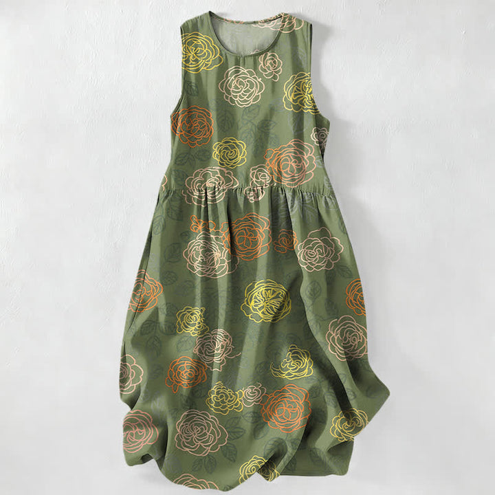 Buddha Stones Robe midi d'été décontractée pour femme, sans manches, à motif floral coloré et poches - Vert olive foncé - US16，UK/AU20，EU48 (3XL) - image 5