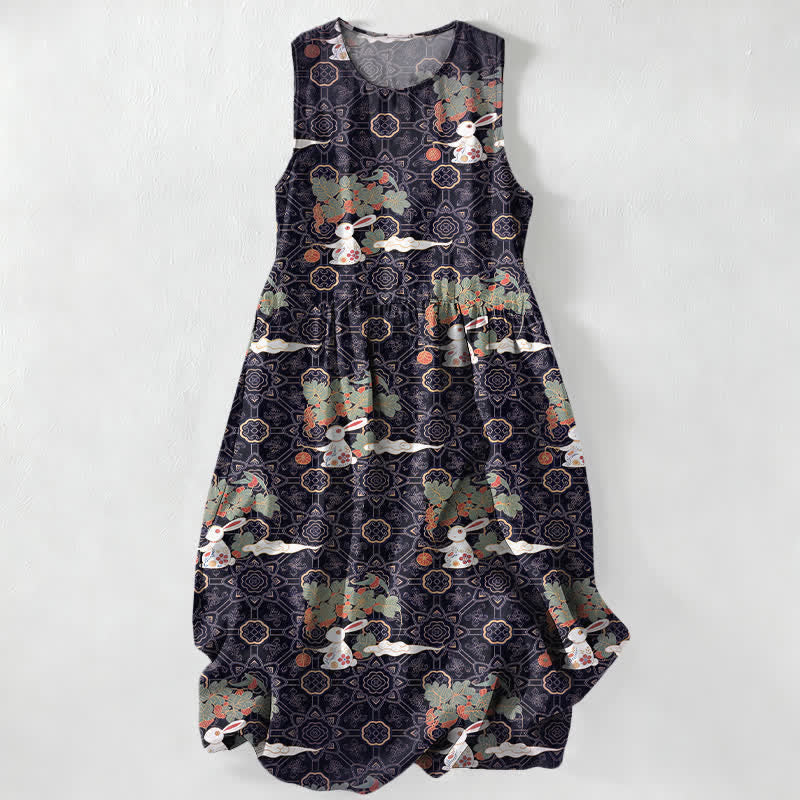 Buddha Stones Robe midi d'été décontractée et vintage à motif floral vintage avec médaillons et feuilles, sans manches et avec poches. - Indigo - US16，UK/AU20，EU48 (3XL) - image 0