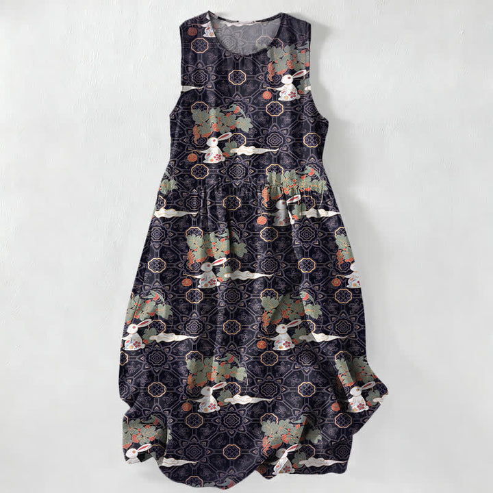 Buddha Stones Robe midi d'été décontractée et vintage à motif floral vintage avec médaillons et feuilles, sans manches et avec poches. - Indigo - US16，UK/AU20，EU48 (3XL) - image 0