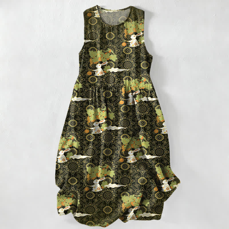Buddha Stones Robe midi d'été décontractée et vintage à motif floral vintage avec médaillons et feuilles, sans manches et avec poches. - Vert olive foncé - US16，UK/AU20，EU48 (3XL) - image 4
