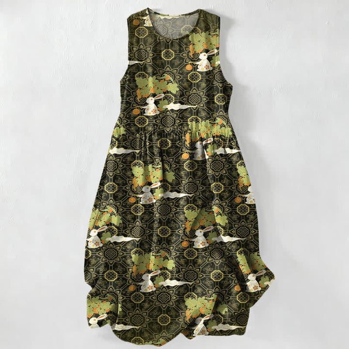 Buddha Stones Robe midi d'été décontractée et vintage à motif floral vintage avec médaillons et feuilles, sans manches et avec poches. - Vert olive foncé - US16，UK/AU20，EU48 (3XL) - image 4