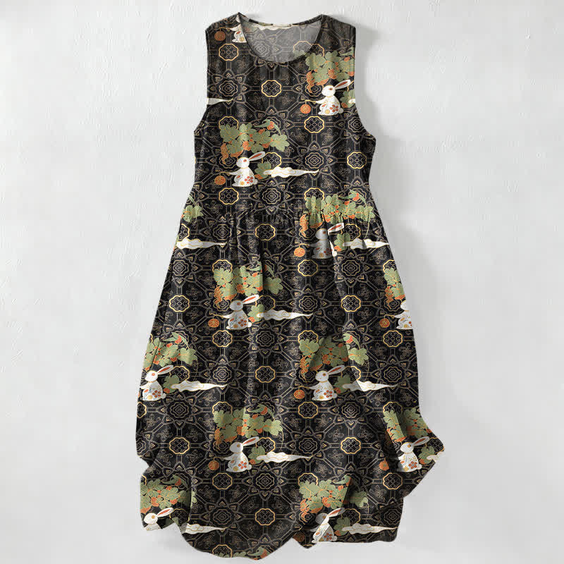 Buddha Stones Robe midi d'été décontractée et vintage à motif floral vintage avec médaillons et feuilles, sans manches et avec poches. - Noir - US16，UK/AU20，EU48 (3XL) - image 5