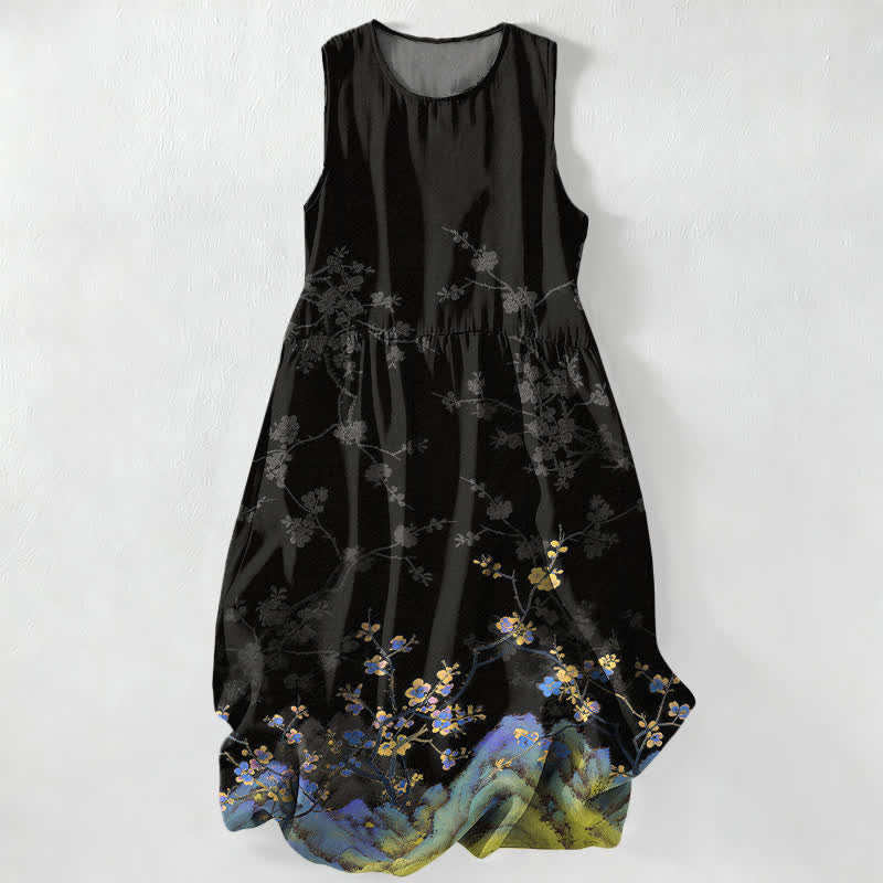 Buddha Stones Robe midi d'été décontractée pour femme, à motif floral vintage et sans manches, avec poches - Noir - US16，UK/AU20，EU48 (3XL) - image 0