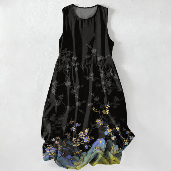 Buddha Stones Robe midi d'été décontractée pour femme, à motif floral vintage et sans manches, avec poches - Noir - US16，UK/AU20，EU48 (3XL) - image 0