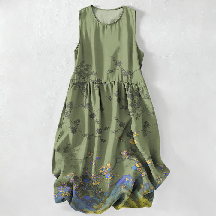 Buddha Stones Robe midi d'été décontractée pour femme, à motif floral vintage et sans manches, avec poches - Vert olive - US16，UK/AU20，EU48 (3XL) - image 4