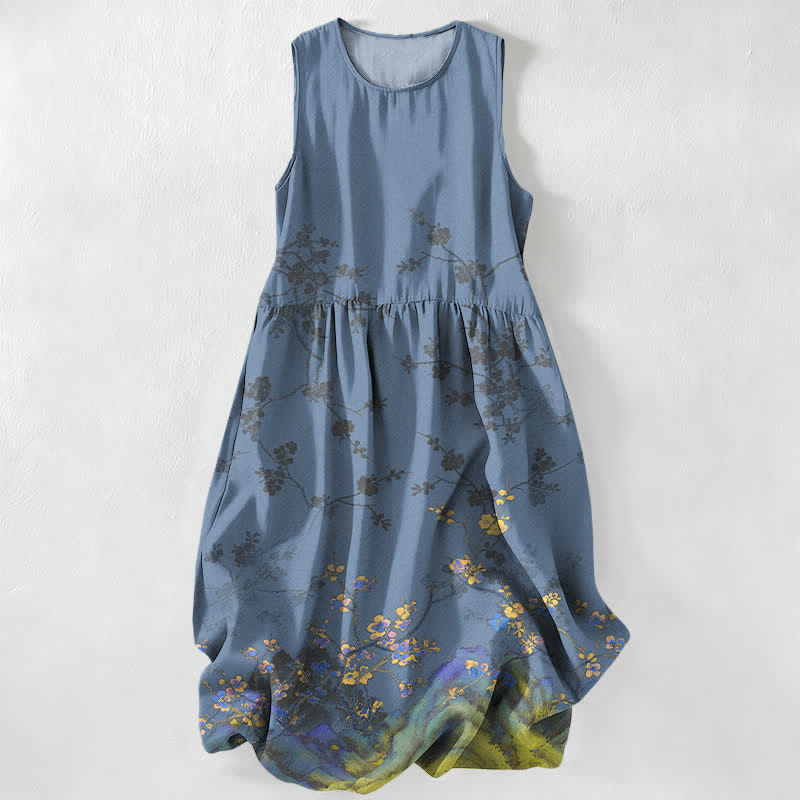Buddha Stones Robe midi d'été décontractée pour femme, à motif floral vintage et sans manches, avec poches - Gris ardoise - US16，UK/AU20，EU48 (3XL) - image 5