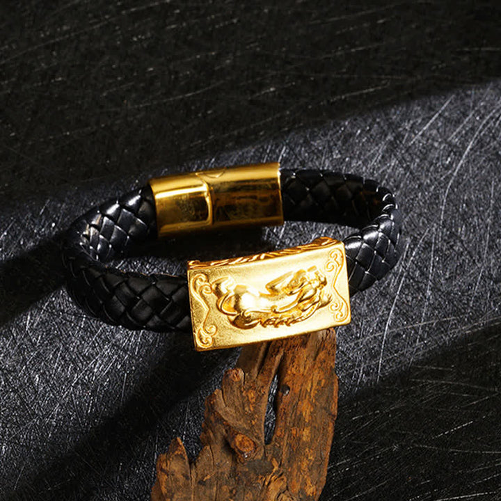 Buddha Stones Bracelet de richesse en cuir tressé Pi Xiu Fu - Plaque Pixiu - image 0