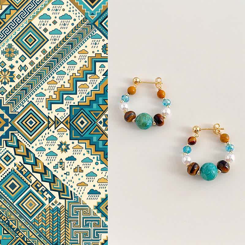 Buddha Stones Boucles d'oreilles de protection faites main en turquoise et perle œil de tigre - Turquoise (plaqué cuivre avec tiges en argent sterling 925) - image 0