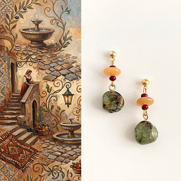 Buddha Stones Boucles d'oreilles pendantes en calcédoine unakite, forme larme. - Unakite (plaqué cuivre avec tiges en argent sterling 925) - image 0