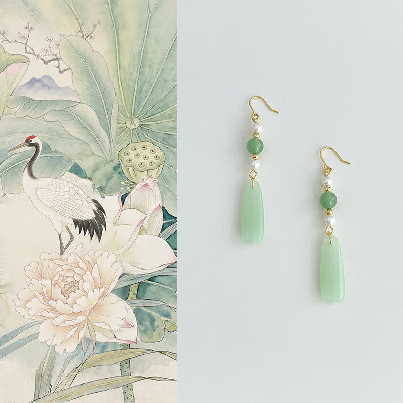 Buddha Stones Boucles d'oreilles porte-bonheur en forme de larme, perles d'aventurine verte Liuli - Aventurine verte (plaquée cuivre avec tiges en argent sterling 925) - image 0