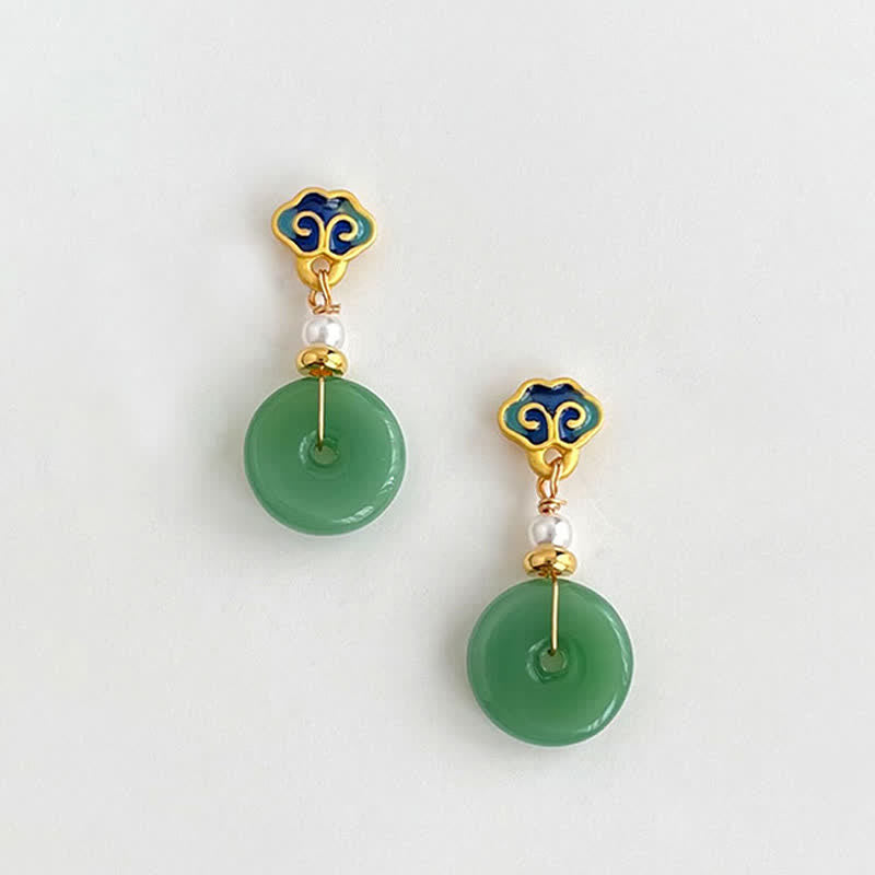 Buddha Stones Boucles d'oreilles pendantes rondes en forme de boucle de la paix, vertes Liuli, porte-bonheur - image 1