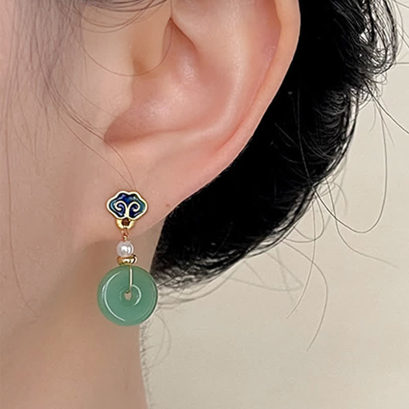 Buddha Stones Boucles d'oreilles pendantes rondes en forme de boucle de la paix, vertes Liuli, porte-bonheur - image 2