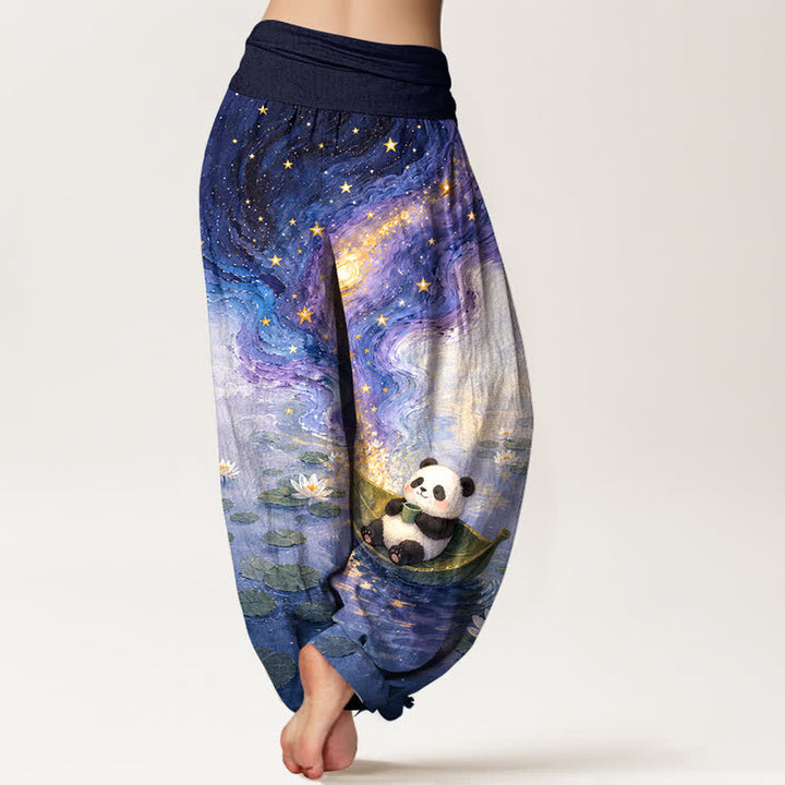 Buddha Stones Pantalon harem femme en pur coton à motif panda et lotus étoilé, taille élastique - image 1