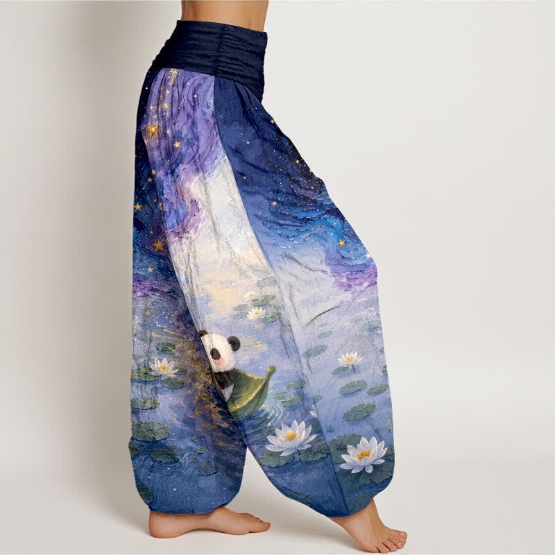 Buddha Stones Pantalon harem femme en pur coton à motif panda et lotus étoilé, taille élastique - image 2