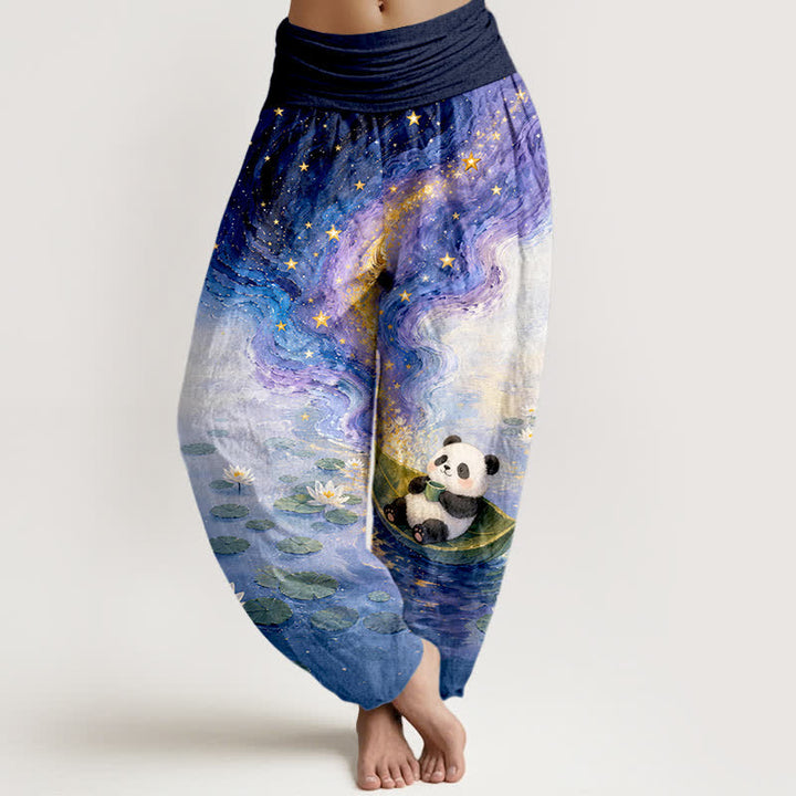 Buddha Stones Pantalon harem femme en pur coton à motif panda et lotus étoilé, taille élastique - Marine - US16，UK/AU20，EU48 (3XL) - image 0