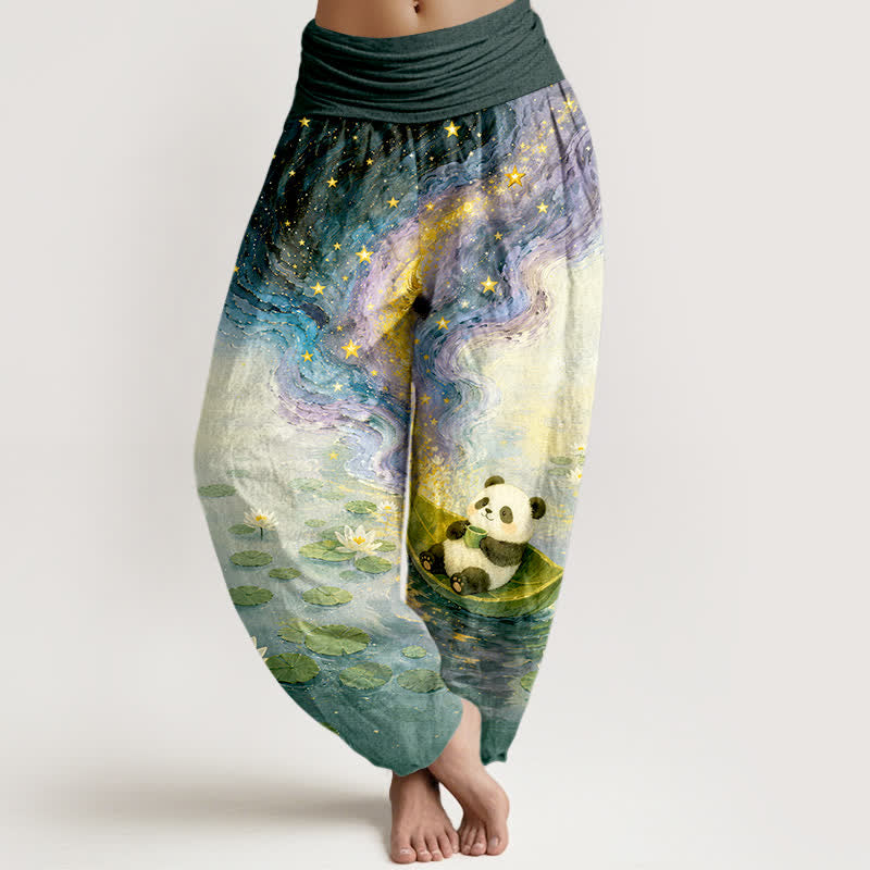 Buddha Stones Pantalon harem femme en pur coton à motif panda et lotus étoilé, taille élastique - Sarcelle - US16，UK/AU20，EU48 (3XL) - image 5