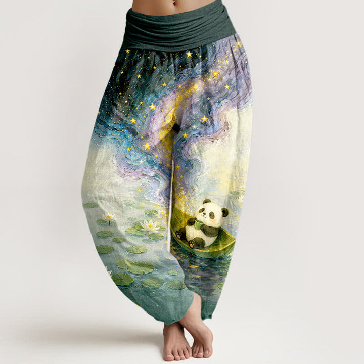 Buddha Stones Pantalon harem femme en pur coton à motif panda et lotus étoilé, taille élastique - Sarcelle - US16，UK/AU20，EU48 (3XL) - image 5