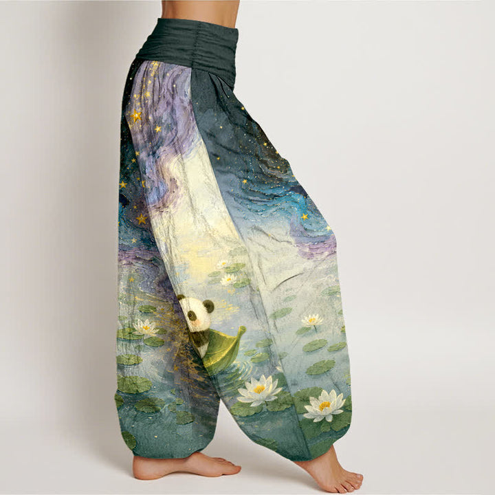 Buddha Stones Pantalon harem femme en pur coton à motif panda et lotus étoilé, taille élastique - image 7