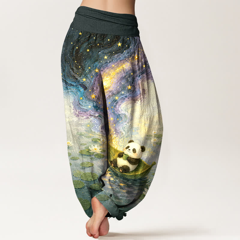Buddha Stones Pantalon harem femme en pur coton à motif panda et lotus étoilé, taille élastique - image 6