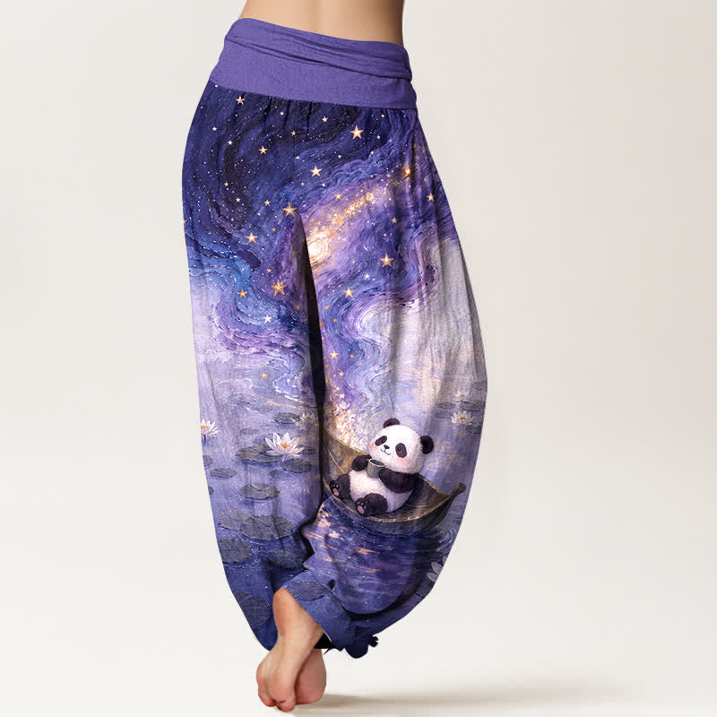 Buddha Stones Pantalon harem femme en pur coton à motif panda et lotus étoilé, taille élastique - image 9