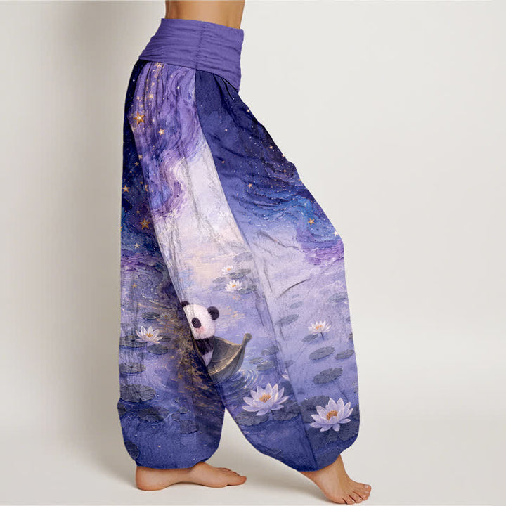 Buddha Stones Pantalon harem femme en pur coton à motif panda et lotus étoilé, taille élastique - image 10