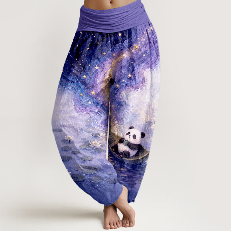 Buddha Stones Pantalon harem femme en pur coton à motif panda et lotus étoilé, taille élastique - Bleu ardoise - US16，UK/AU20，EU48 (3XL) - image 8