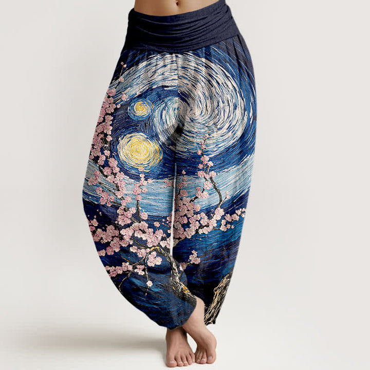 Buddha Stones Pantalon harem pour femme en pur coton à motif tourbillon étoilé et taille élastique - Marine - US16，UK/AU20，EU48 (3XL) - image 0