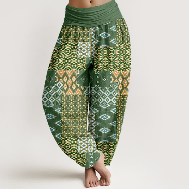 Buddha Stones Pantalon harem pour femme en pur coton, motif patchwork géométrique bohème, taille élastique - Vert olive - US16，UK/AU20，EU48 (3XL) - image 0