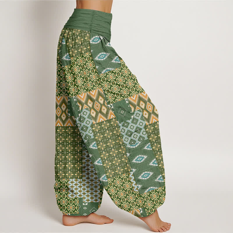 Buddha Stones Pantalon harem pour femme en pur coton, motif patchwork géométrique bohème, taille élastique - image 2