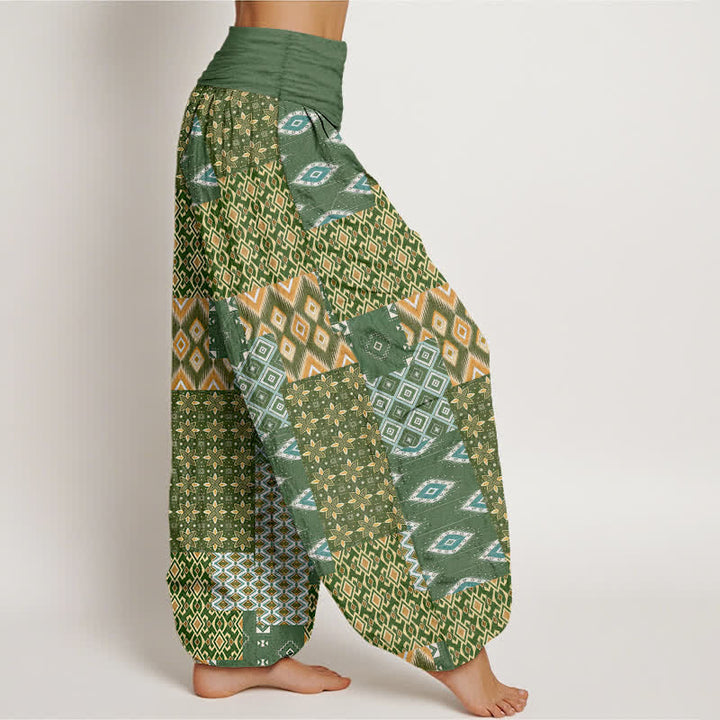 Buddha Stones Pantalon harem pour femme en pur coton, motif patchwork géométrique bohème, taille élastique - image 2