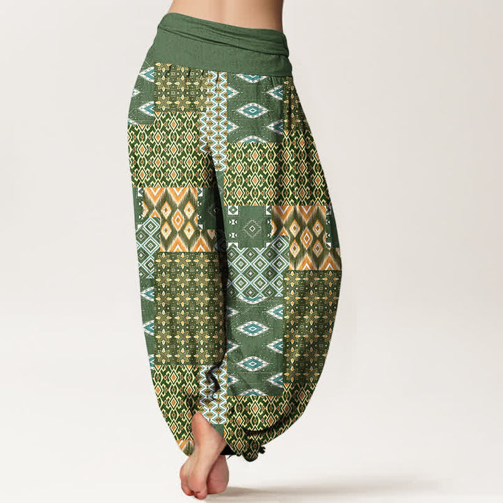 Buddha Stones Pantalon harem pour femme en pur coton, motif patchwork géométrique bohème, taille élastique - image 1