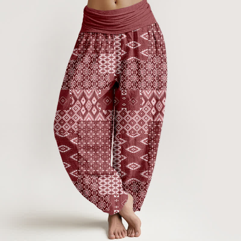 Buddha Stones Pantalon harem pour femme en pur coton, motif patchwork géométrique bohème, taille élastique - Bordeaux - US16，UK/AU20，EU48 (3XL) - image 5