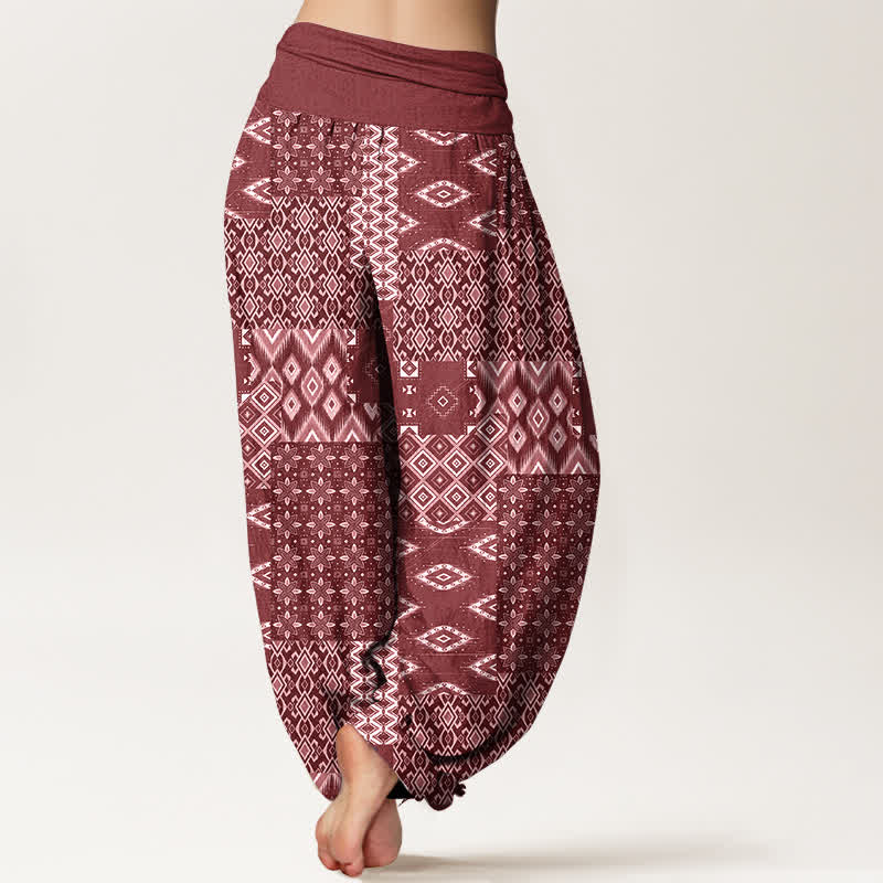 Buddha Stones Pantalon harem pour femme en pur coton, motif patchwork géométrique bohème, taille élastique - image 6