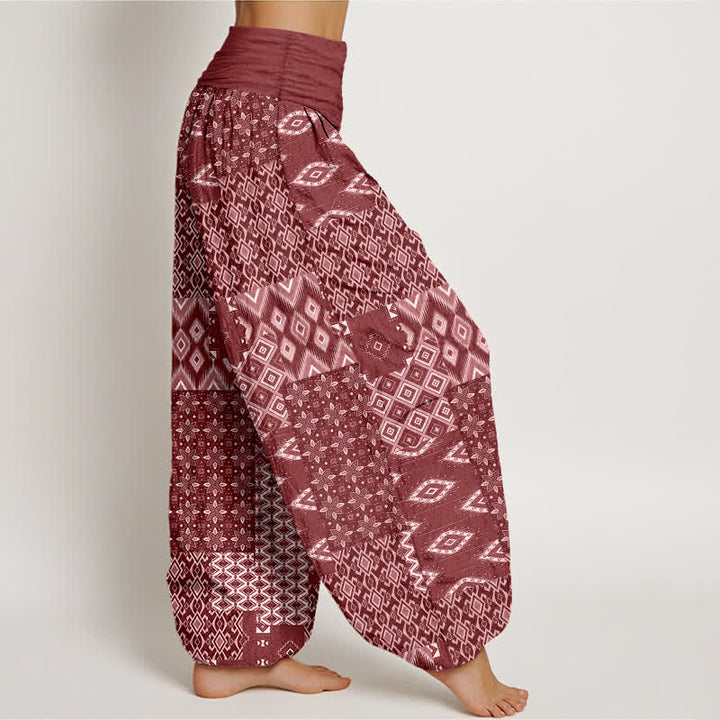 Buddha Stones Pantalon harem pour femme en pur coton, motif patchwork géométrique bohème, taille élastique - image 7