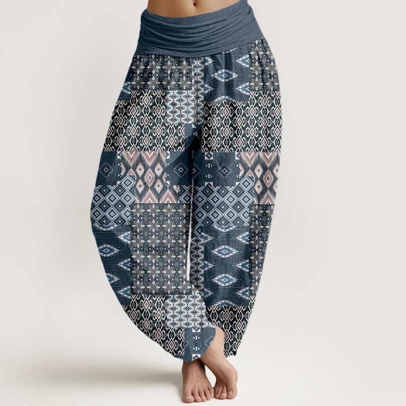 Buddha Stones Pantalon harem pour femme en pur coton, motif patchwork géométrique bohème, taille élastique - Gris ardoise - US16，UK/AU20，EU48 (3XL) - image 8