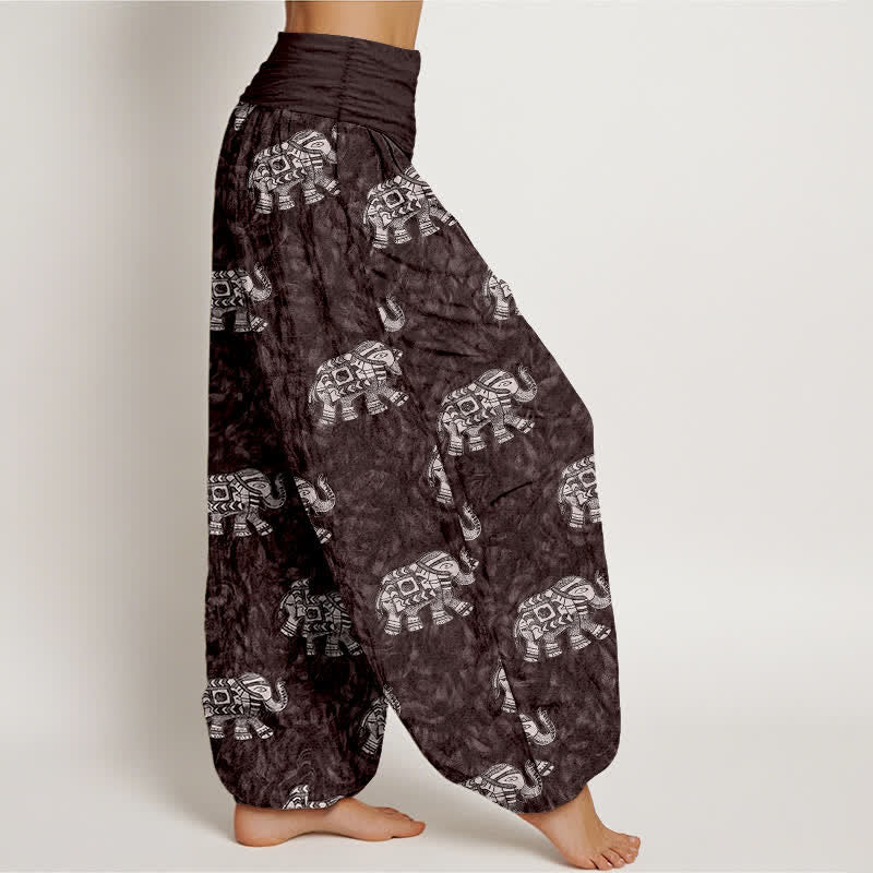 Buddha Stones Pantalon harem pour femme en pur coton à motif éléphant blanc et taille élastique - image 2