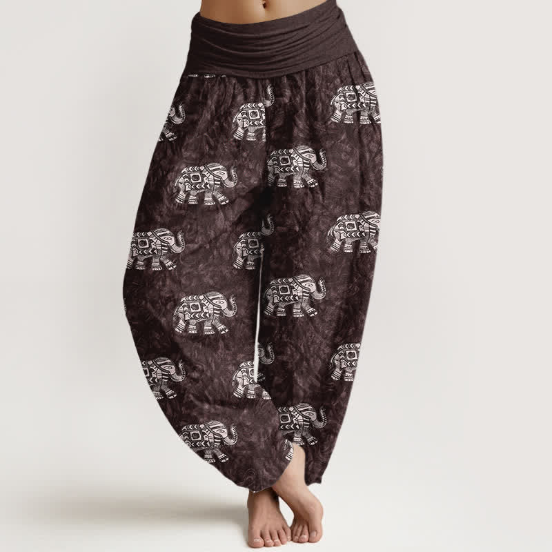 Buddha Stones Pantalon harem pour femme en pur coton à motif éléphant blanc et taille élastique - Bordeaux - US16，UK/AU20，EU48 (3XL) - image 0