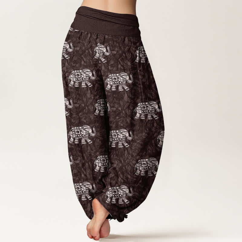 Buddha Stones Pantalon harem pour femme en pur coton à motif éléphant blanc et taille élastique - image 1