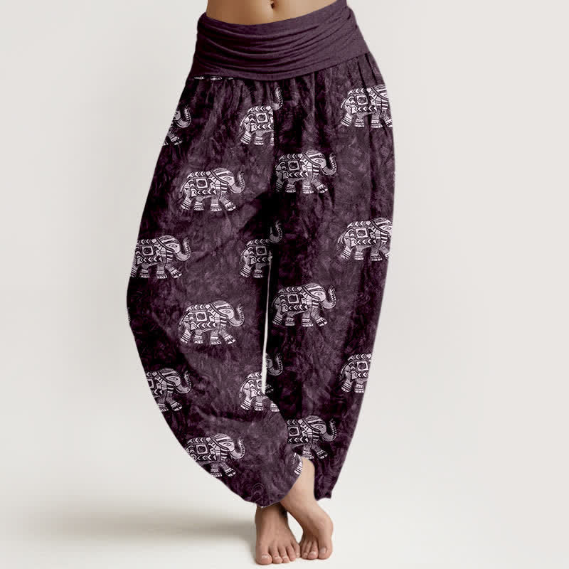 Buddha Stones Pantalon harem pour femme en pur coton à motif éléphant blanc et taille élastique - Indigo - US16，UK/AU20，EU48 (3XL) - image 5