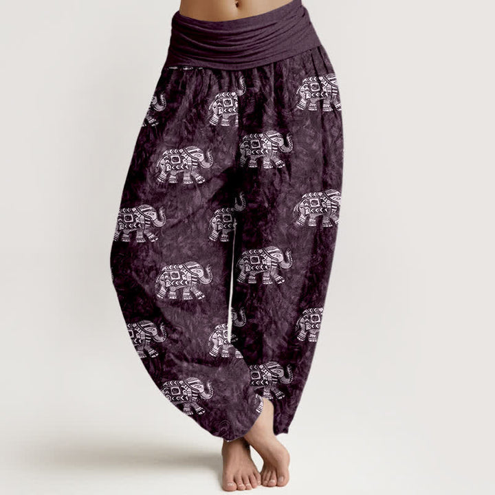 Buddha Stones Pantalon harem pour femme en pur coton à motif éléphant blanc et taille élastique - Indigo - US16，UK/AU20，EU48 (3XL) - image 5