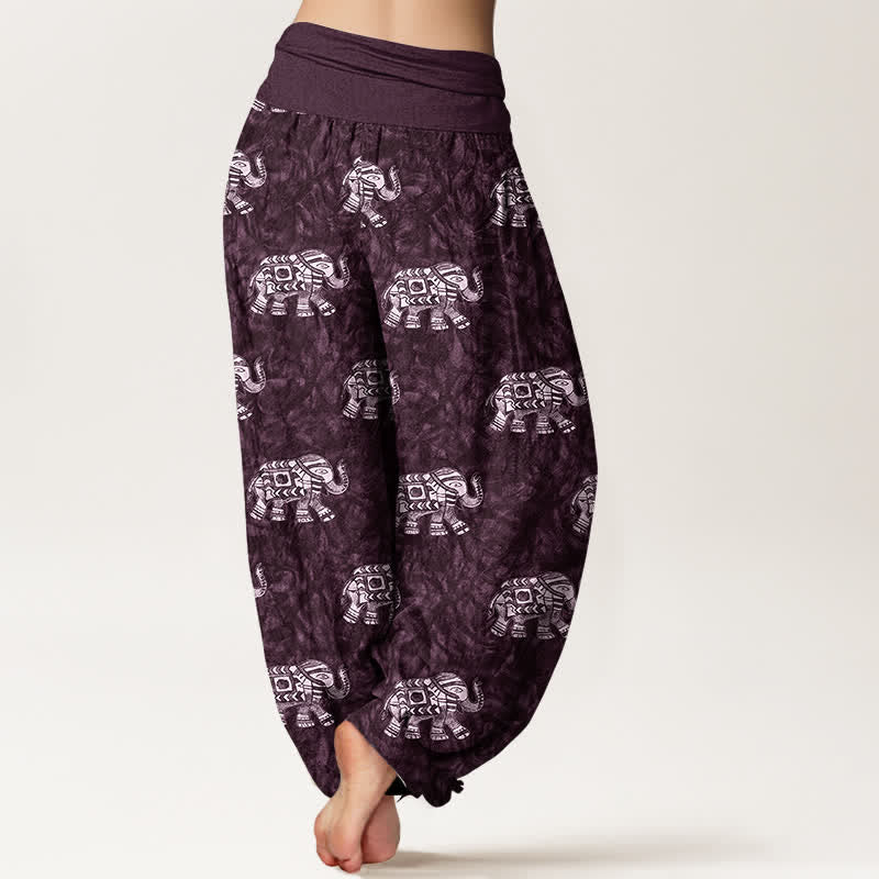 Buddha Stones Pantalon harem pour femme en pur coton à motif éléphant blanc et taille élastique - image 6