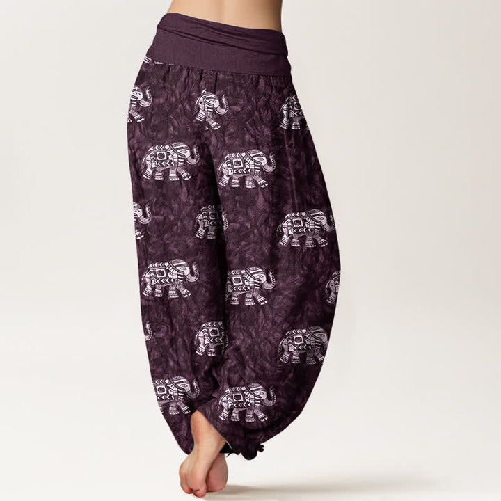 Buddha Stones Pantalon harem pour femme en pur coton à motif éléphant blanc et taille élastique - image 6