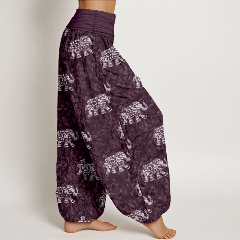 Buddha Stones Pantalon harem pour femme en pur coton à motif éléphant blanc et taille élastique - image 7
